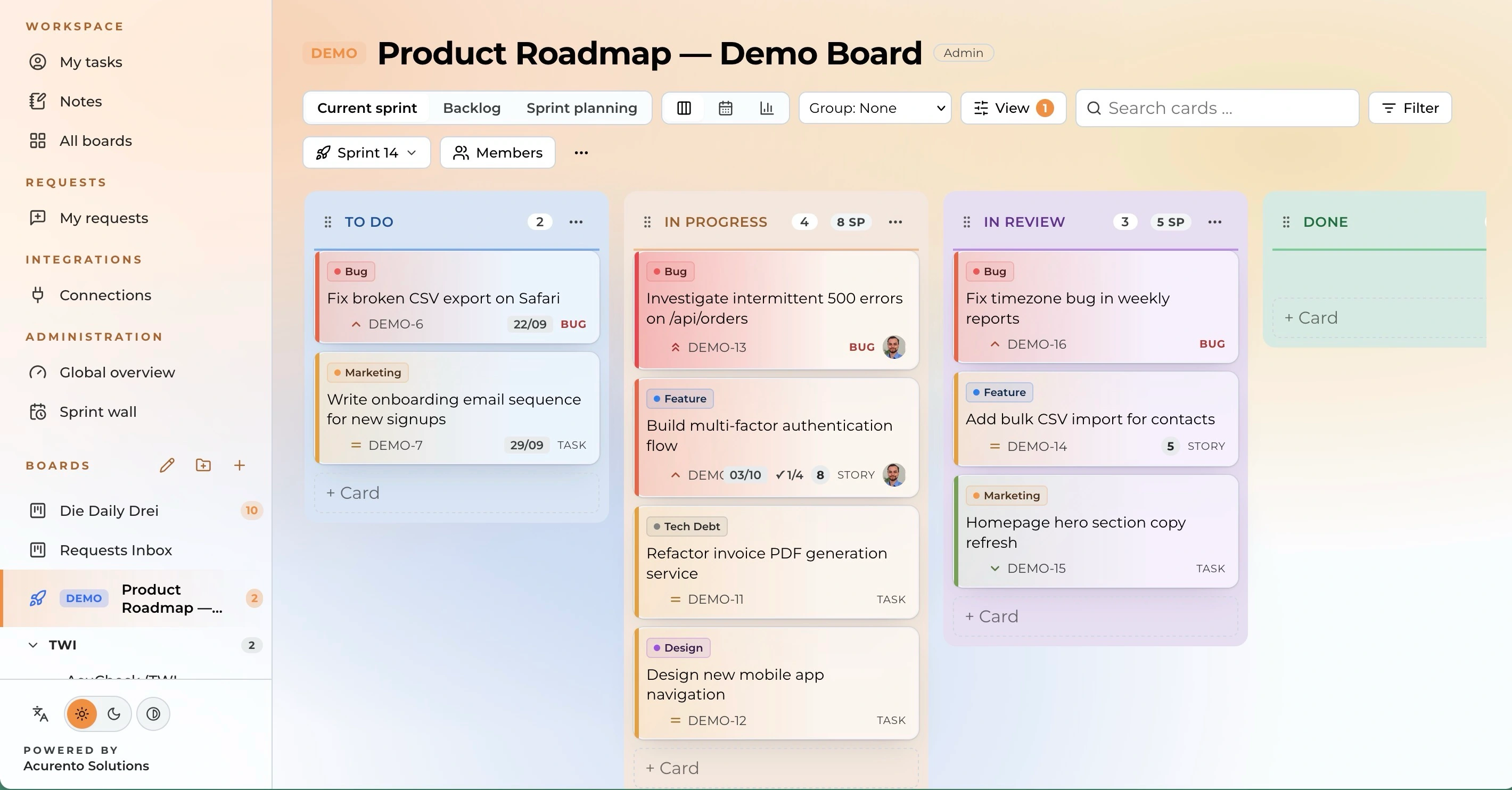 Dashboard von AcuBoard mit Kennzahlen, überfälligen Karten und den nächsten Fristen