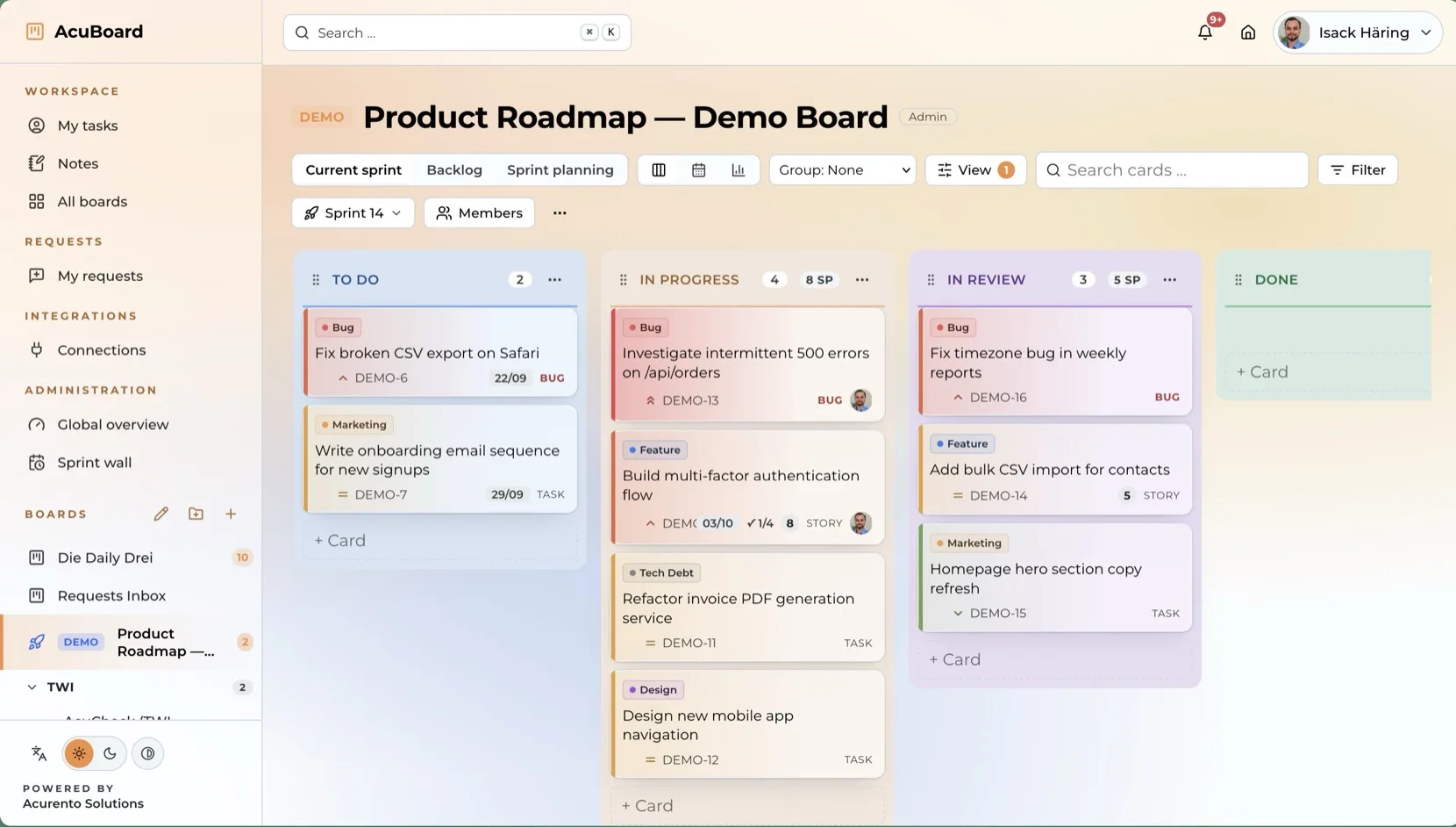 AcuBoard kanban board with sprint columns