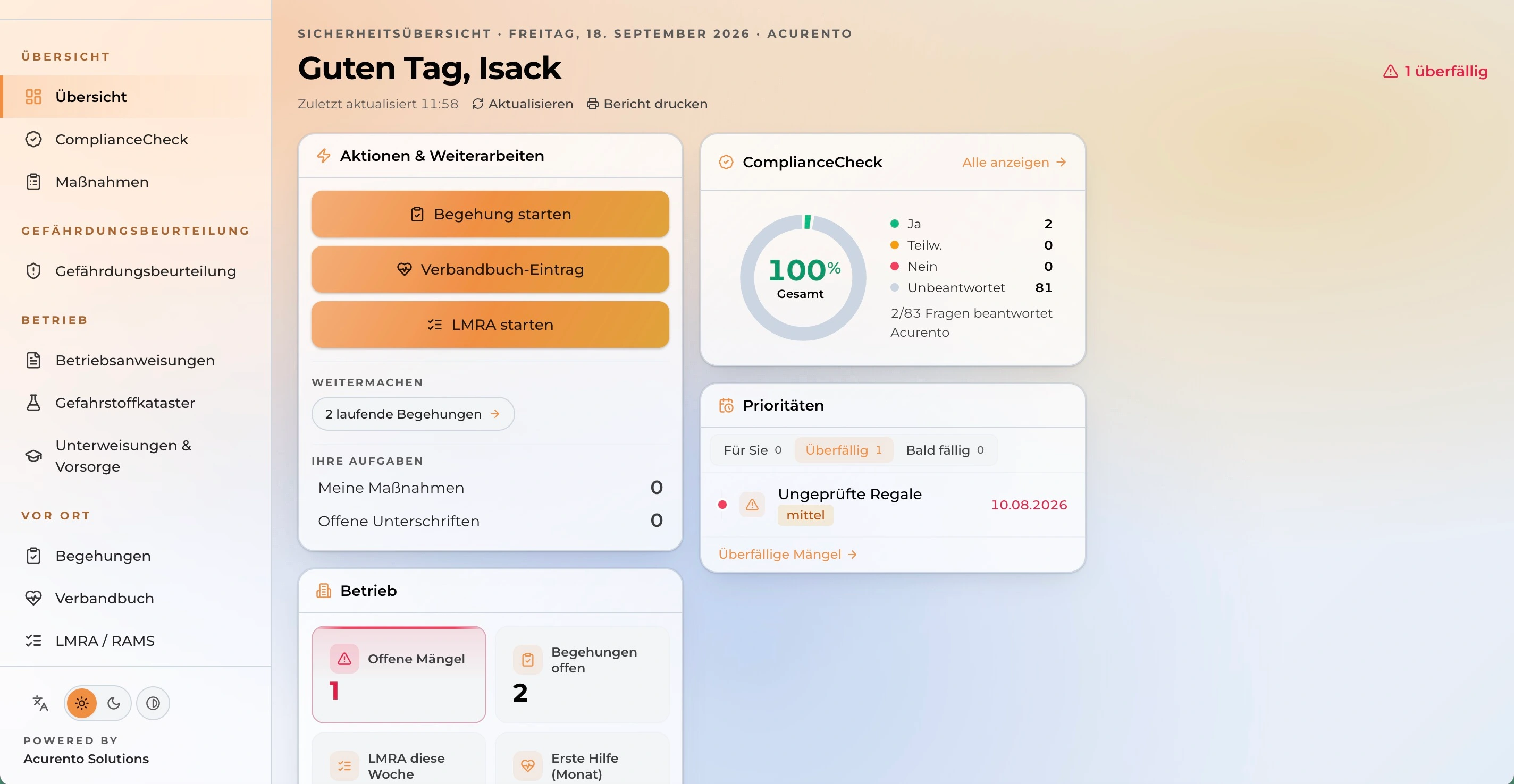 Dashboard von AcuSafe mit Kennzahlen, überfälligen Maßnahmen und den nächsten Fristen